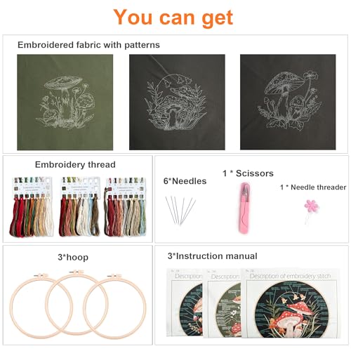 Myfelicity 3 Sets Mushroom Embroidery kit, Adult Beginner DIY Needle kit,Art Craft Handy Sewing Set