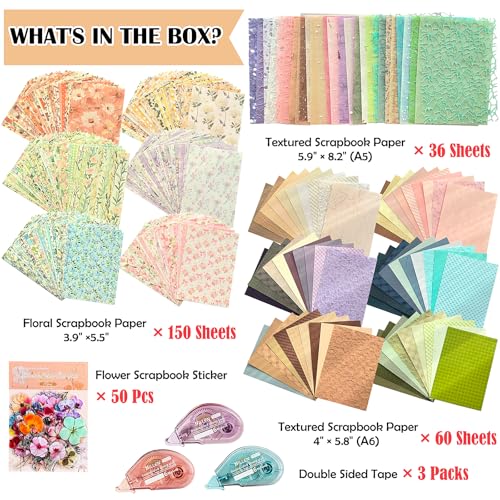 Flartmo Scrapbook Supplies Kit with 246 Sheets Textured & Floral Scrapbook Paper, 50 Pcs Flower Scrapbook Sticker & 3 Rolls Double-Sided Tape for Scrapbooking, Junk Journal, Card Making, Embellishment