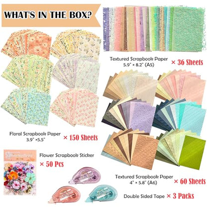 Flartmo Scrapbook Supplies Kit with 246 Sheets Textured & Floral Scrapbook Paper, 50 Pcs Flower Scrapbook Sticker & 3 Rolls Double-Sided Tape for Scrapbooking, Junk Journal, Card Making, Embellishment