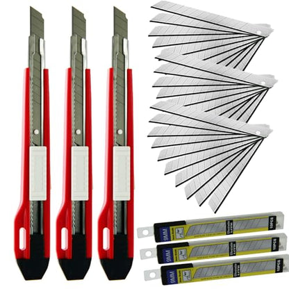 9mm Snap Off Utility Knife High Hardness Retractable Box Cutters with 30 Pcs Snap Off Blades,Pack 3 Art Craft Hobby Cutter 9mm Knife for Home Warehouse Office Workstation,Red - color: Red
