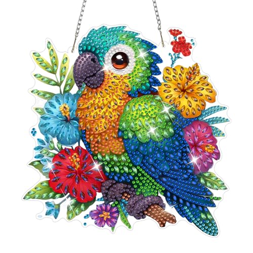 AIRDEA Hanging Diamond Painting Kits Parrot,Special Shaped Diamond Art Kits Bird Gem Art Pendant Decor,19.5x19.22cm - color: green yellow red