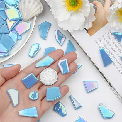 Youway Style 200g Iridescent Blue Glass Mosaic Tiles for Crafs Bulk - color: Blue, size: 200g