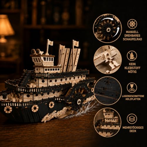 3D Wooden Puzzles for Adults,Paddle Steamer Ship Model Kit, Desk Décor,Gift
