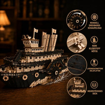 3D Wooden Puzzles for Adults,Paddle Steamer Ship Model Kit, Desk Décor,Gift