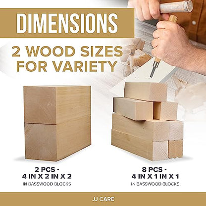 JJ CARE Wood Carving Kit [8 SK7 Carving Knives with Beechwood Handle, 10 Basswood Carving Blocks, Carrying Case, Whittling Book], Beginner Wood Carving Kit - size: Set B