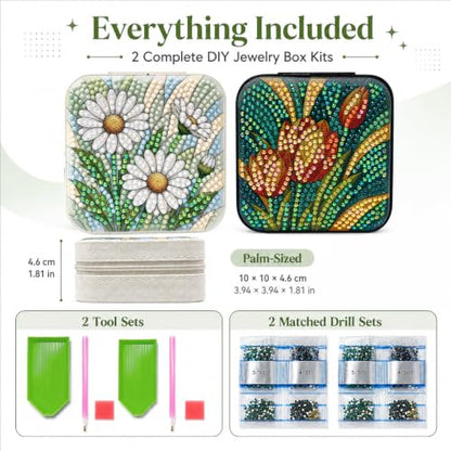 2 PC Diamond Art Flowers Jewelry Boxes Women Craft Adult Bedazzling Kit - color: white and orange