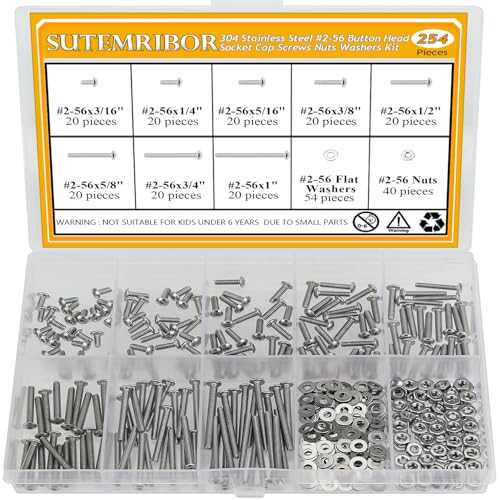 254 Pieces #2-56 x 3/16", 1/4", 5/16", 3/8", 1/2", 5/8", 3/4", 1", Button Head Socket Cap Screws Nuts Washers Assortment Kit - size: #2-56, style: Button Head Socket Cap