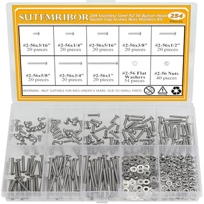 254 Pieces #2-56 x 3/16", 1/4", 5/16", 3/8", 1/2", 5/8", 3/4", 1", Button Head Socket Cap Screws Nuts Washers Assortment Kit - size: #2-56, style: Button Head Socket Cap
