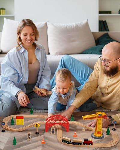 SainSmart Jr. Wooden Train Set for Toddler, 41pcs Wood Train Track w/Crane Fits Brio, Thomas, Melissa and Doug, Kids Wood Toy Train for Kids Ages 3+ - style: Crane