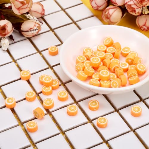 Elecrelive 50Pcs Orange Slice Loose Beads Fruit Theme Polymer Clay Beads Food Spacer Charms 10x4.5mm for Necklace Bracelets Earrings Key Chains Making - color: Orange