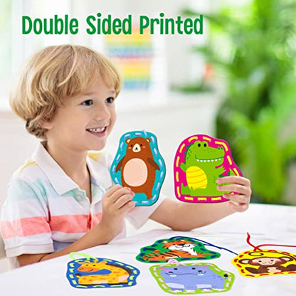 SpriteGru 9 Pieces Kids Lacing Cards, Double Sided Sewing Cards in 9 Wild Animals with 9 Colorful Laces, Imagination Development Lacing Toys Games for Children Educational and Learning Activity - color: Animals