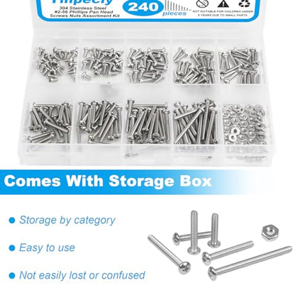 240pcs #2-56 Phillips Pan Head Machine Screws Nuts Washers Kit - size: #2-56
