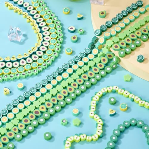 Elecrelive 11 Strands Green Fruit Clay Beads Mixed Avocado Lemon Apple Kiwi Slice Charms Flower Polymer Clay Spacer Beads for Necklace Bracelets Earrings Key Chains Making - color: Lime Green