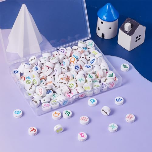Elecrelive 180pcs Zodiac Clay Beads 12 Constellations Flat Round Loose Beads 10mm Disc Polymer Clay Beads for Jewelry Necklace Earring Friendship Birthday Bracelet Making - color: Mixed Color-12 Constellations
