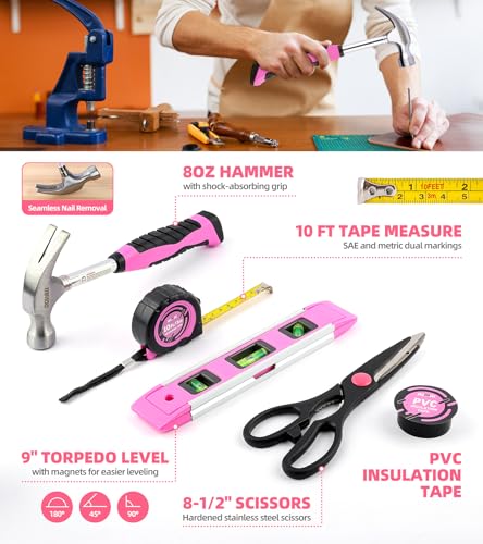 DOWELL Pink Tool Set with 3.6V Cordless Screwdriver Tool Kit, 143 Pcs - size: 143 Pcs