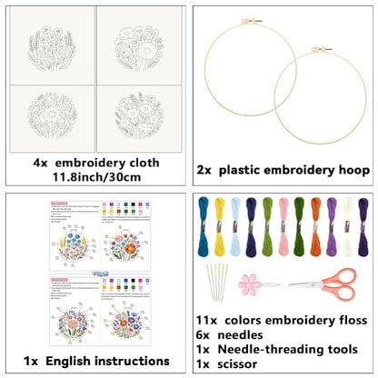 ORIGACH 4 Pack Easy Flower Embroidery Kit for Beginners - style: Easy Flower