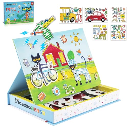 PicassoTiles Pete The Cat 80pc Magnetic Board Game Puzzle Playset Reusable Mix & Match Cartoon Toy with Storytelling, STEM Learning Activity Book and Storage Educational Kids Toys for Ages 3+ PTC02 - style: Pete the Cat Board