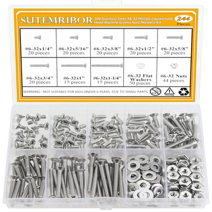 244 Pieces #6-32 x 1/4", 5/16", 3/8", 1/2", 5/8", 3/4", 1", 1-1/4", Phillips Countersunk Head Machine Screws Nuts Washers Assortment Kit - size: #6-32, style: Phillips Countersunk Head