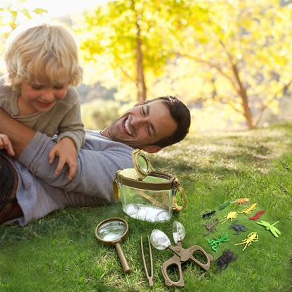 Bug Catcher Kit for Kids, 16 Pcs Kids Bug Catching Kits, Outdoor Nature Explorer Kit, Science Educational Kits with Tweezers, Magnifying Glass for Boys Girls(Gold)