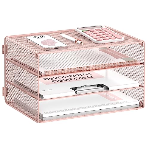 DALTACK 3 Tier Letter Tray Paper Organizer with Sliding Mesh Trays Pink - color: Pink