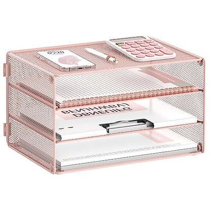 DALTACK 3 Tier Letter Tray Paper Organizer with Sliding Mesh Trays Pink - color: Pink