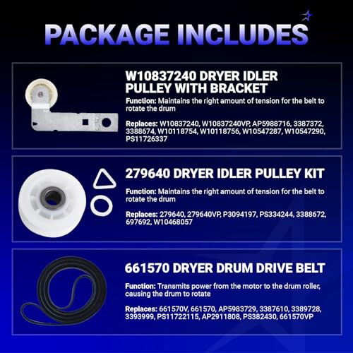 661570V 661570 & 279640 & W10837240 Dryer Drum Belt Idler Pulley Kit