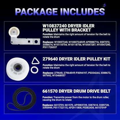 661570V 661570 & 279640 & W10837240 Dryer Drum Belt Idler Pulley Kit