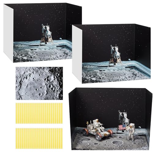 AmazingSpark 2 Set Moon Landing Themed Diorama Box and Lunar Surface Texture Decor, Moon Diorama Project Supplies Set, Cardboard Display Case Kit & Sticker with Double Sided Tapes for DIY Crafts - style: Moon Landing