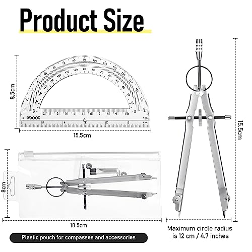 EBOOT Math Geometry Set Metal Compass 6" Clear Protractor, Silver - color: Silver