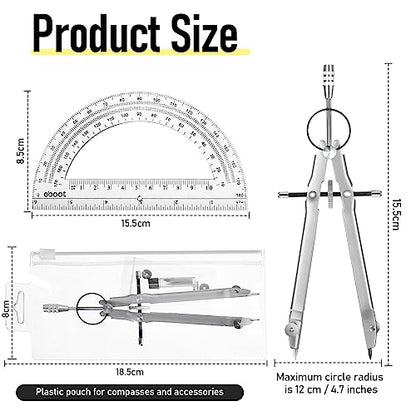 EBOOT Math Geometry Set Metal Compass 6" Clear Protractor, Silver - color: Silver