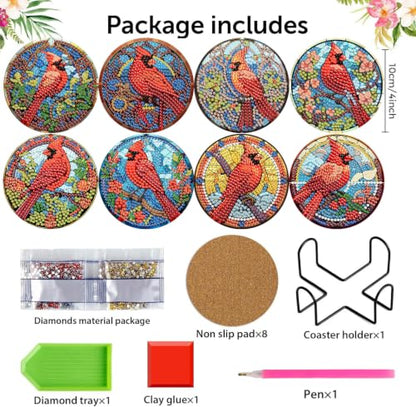 Christmas Cardinal Diamond Art Coasters Kit,8 Pcs Diamond Painting Coasters - color: Cardinal