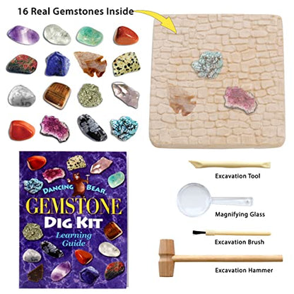 DANCING BEAR Gem stone Dig Kit, Excavate 16 Real Gems & Crystals including Arrowheads, Quartz Point and Amethyst, STEM Education for Kids, Fun Rock Mining Science Activity Gift Sets for Girls and Boys
