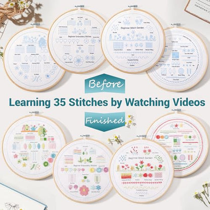 VIVIDOX 4 Sets Embroidery Kit for Beginners Adults, 35 Stitches Practice Kits Cross Stitch for Starter, DIY Hand Craft with Stamped Pattern, Bamboo Hoop, Threads, Needles, Scissors, Tools, Instruction - color: 35 Stitches Practice Kit (with 1 Hoop)