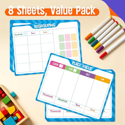 8 Packs Place Value Whiteboards, Double-Sided Dry-Erase Cards, Writable and Erasable Math Learning White Board for Kids, Students, Classroom and Home (Each Measures 12” x 9”) - color: Place Value Whiteboards-b