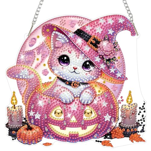 NAIMOER Halloween Diamond Art Hanging Kits for Adults, Cat 5D Special Shaped Rhinestone, DIY Acrylic Diamond Art Painting Window Pendants Home Garden Wall Hanging Ornament Kits, Double Sided - color: Halloween Cat