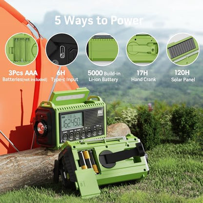 Emergency Radio 5000mAh NOAA Weather FM AM SW Battery Operated 5 Way Power - color: Green with Black