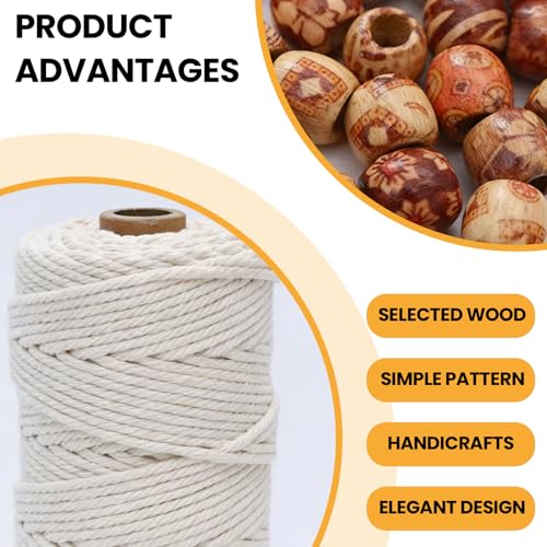 111PCS Macrame Plant Hanger DIY Knitting Kit – 109Yd 3mm Cotton Cord, 8PCS Wood Rings 100PCS Beads 2PCS Sticks, Craft Set Ideal for Macrame Starter Kit