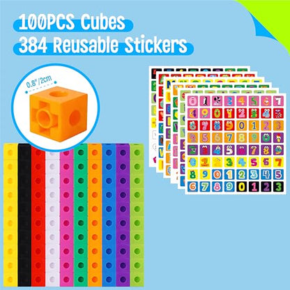100 Math Linking Cubes, Math Cubes with 384 Reusable Stickers-Letters, Numbers, Shapes, Manipulative Geometric Connecting and Counting Blocks, Educational Toy for Kids Math Learning and Fun Activities - style: 100-Cubes+ 384 Letters Stickers