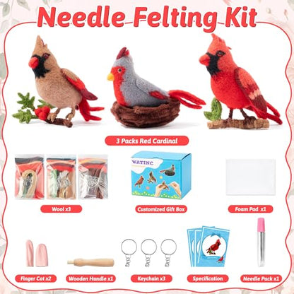 WATINC Needle Felting Kit - 3 Set Unique Different Cute Doll Wool Felt Needle Tools Foam Pad Instruction, DIY Home Decoration Craft Party Supplies for Art Work Starter Beginners (Cardinal) - style: Cardinal
