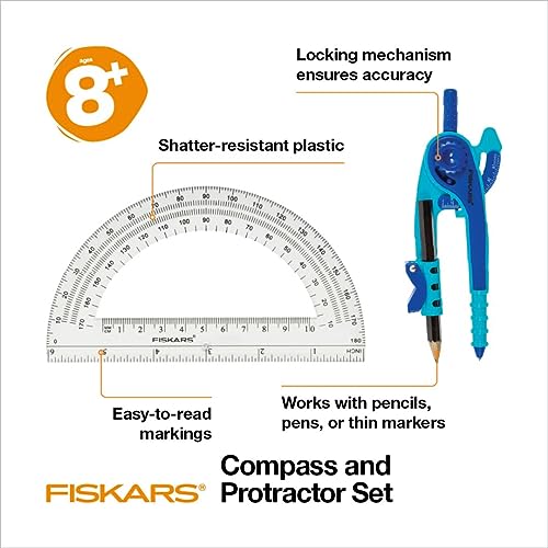 Fiskars 2-Piece Plastic Compass & Protractor Set, Color May Vary