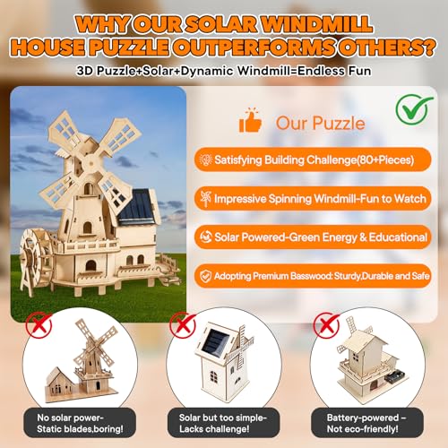 Snap-Fit Solar 3D Wooden Puzzle | Tools-Free DIY Waterwheel Dutch Windmill House Building Kit | STEM Educational Science Craft Toy for Kids 8-15 & Adults