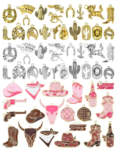 YETOOME 60pcs Western Cowboy & Cowgirl Charms for Jewelry Making, Antique Silver Gold Enamel Pendants Hat Boot Horse Cactus Trinkets for Bracelet Necklace Earrings Keychain(4 colors)
