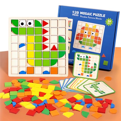 Pattern Blocks and Boards with 120 Pieces Colored Wooden Shape Blocks, with 20 Pieces Design Cards, Kindergarten Classic Geometric Puzzles Toys for Girls and Boys