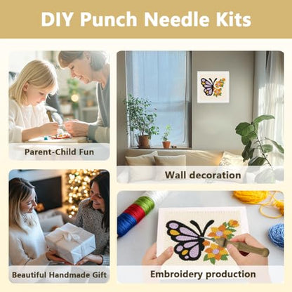 Doodlream Butterflies and Flowers DIY Punch Needle Embroidery Kit for Adult Beginner, 9.4" Punch Stitching Craft Set for Starter with Frame, Fabric Pattern, Threader, Yarn, Pinch Needle - color: Butterflies and Flowers