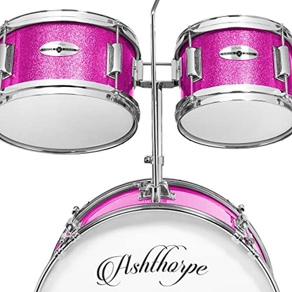 Ashthorpe 5-Piece Complete Kids Drum Set with Genuine Brass Cymbals - Junior Beginner Kit with 16" Bass, Throne, Hi-Hats, Pedals & Drumsticks - Pink - color: Pink