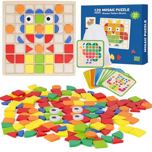 Wooden Pattern Blocks Set 120 Pcs Geometric Shapes Puzzle Classic Montessori Educational Tangram Toys with 24 Design Cards for 4-8 Year Old Kids