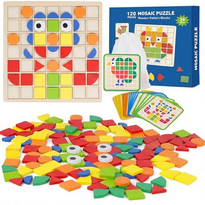 Wooden Pattern Blocks Set 120 Pcs Geometric Shapes Puzzle Classic Montessori Educational Tangram Toys with 24 Design Cards for 4-8 Year Old Kids