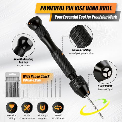 Fine Pin Vise, Manual Hand Drill with Micro Drill Bits for Model Building, Jewelry, Resin & Crafts