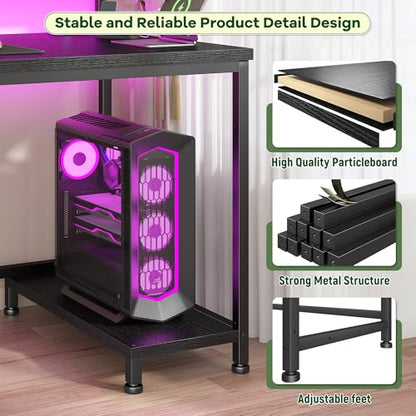 DurayLoly 39.3" Gaming Desk with Power Outlet and LED Lights,Bedroom,Black - color: Black, size: 39.3 IN