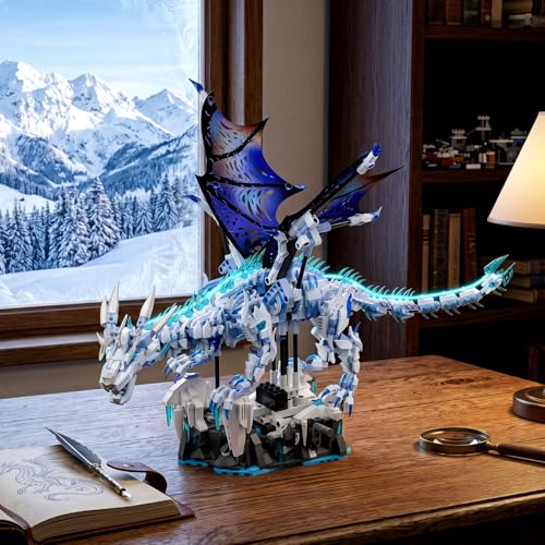 OWNONE 1 Mechanical Ice Dragon Building Block Set with LED Light & Movable Head, Wings and Limbs, Fantasy Dragon Model Kit for Home & Office Decor, Birthday for Teens & Adults & Kids (1646 PCS)